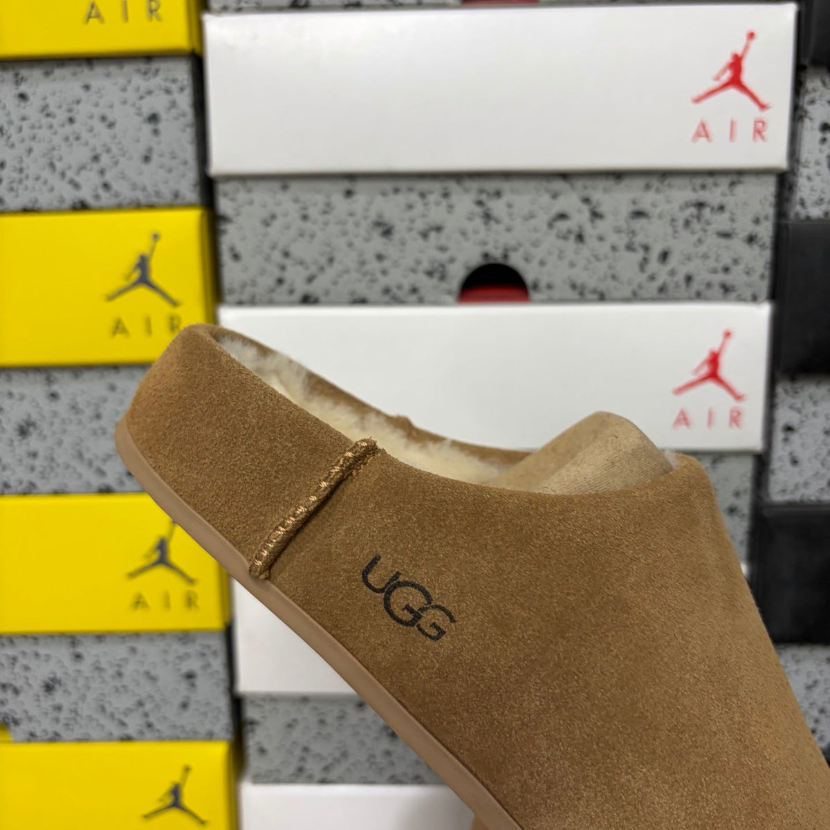 UGG Suede Mule – Women’s Backless Clog with Gold Chain Accent & Shearling Lining in Wheat