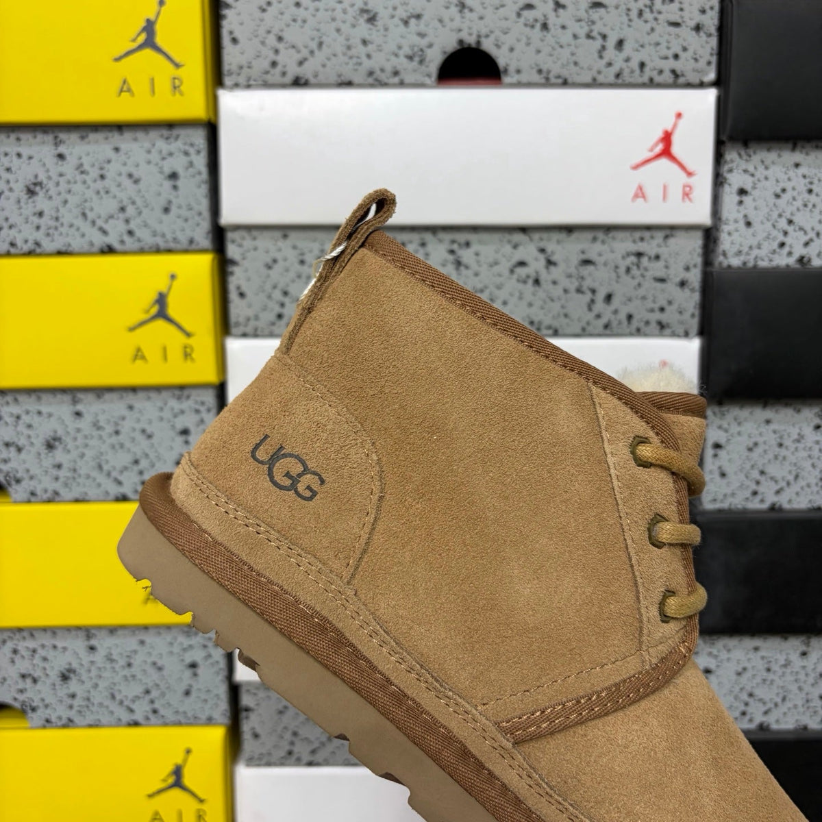 UGG Lace-Up Suede Ankle Boot with Shearling Lining, Gold Eyelet Hardware & Chunky Lug Sole in Chestnut