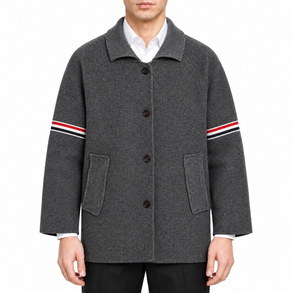 Unisex wool coat with webbing sleeves | Thom Browne