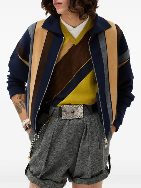 Versace Intarsia wool & leather patchwork zip jacket