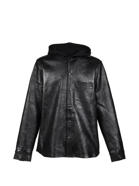 DET BLEV SENT leather hooded jacket