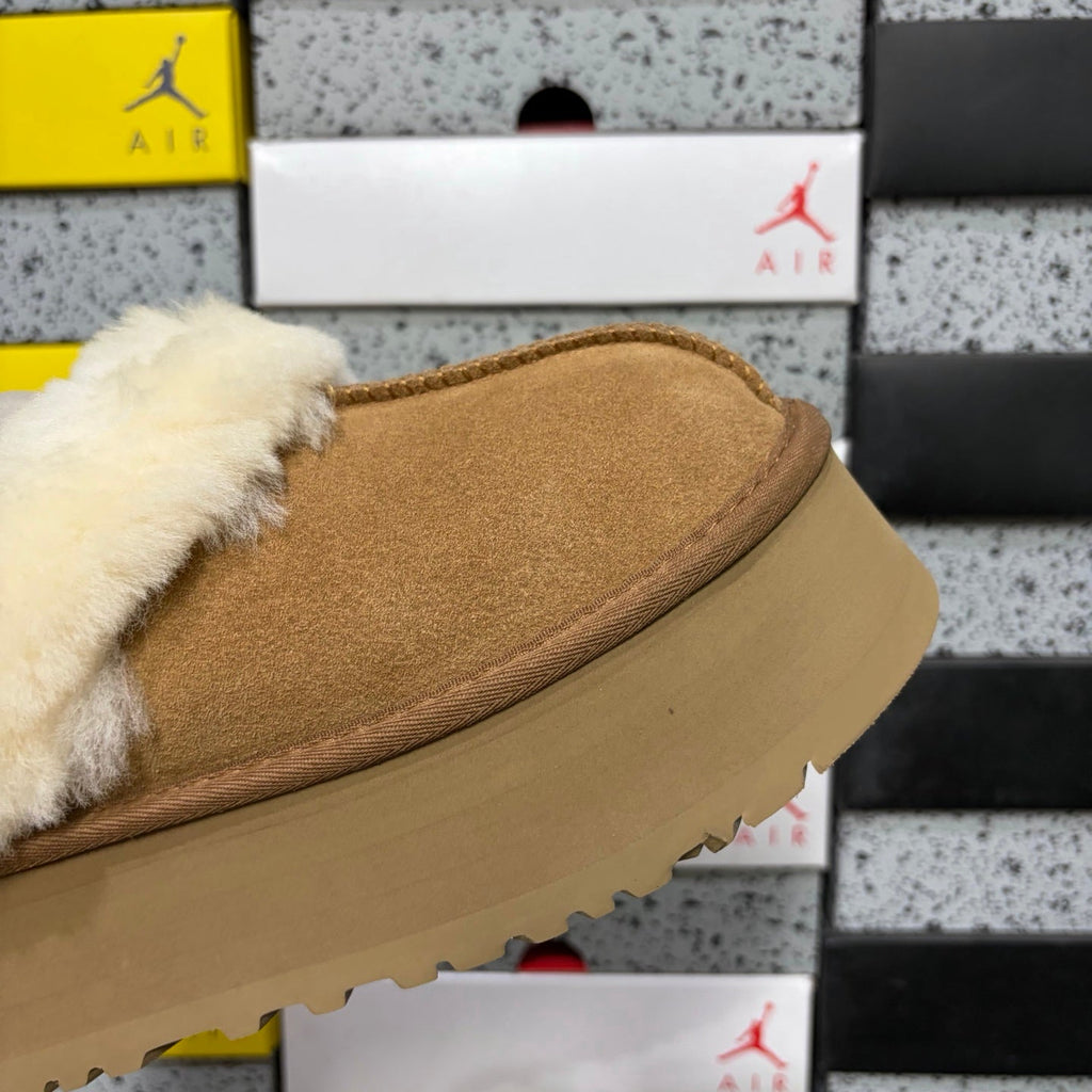 UGG Disco Slide Platform Mule – Women's Sherpa-Lined Suede Slide with Logo Strap in Chestnut