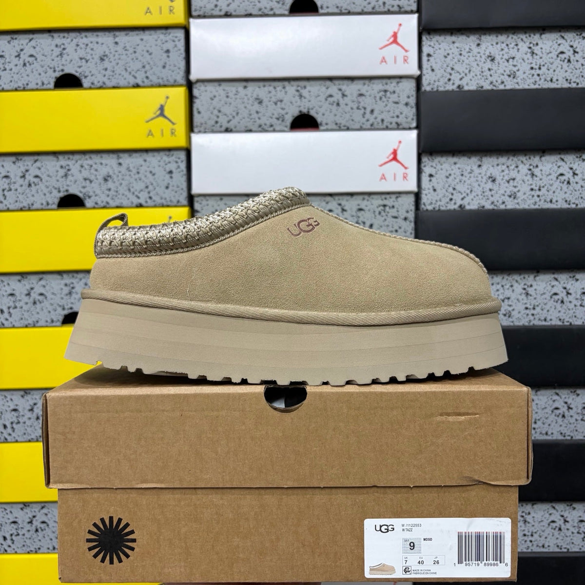 UGG Tazz Platform Slipper – Suede Mule with Shearling Lining, Metallic Braided Collar Trim & Chunky Sugar Sole Platform in Sand