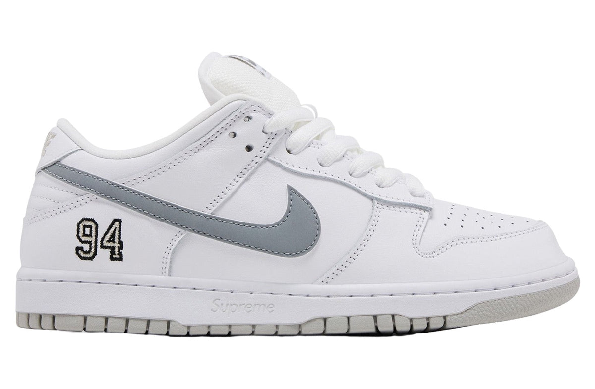 Supreme x Nike SB Dunk Low White / Metallic Silver-White HQ8487-100