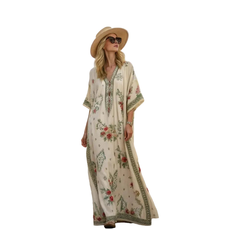Women's Boho Floral Border-Print V-Neck Maxi Kaftan Cover-Up