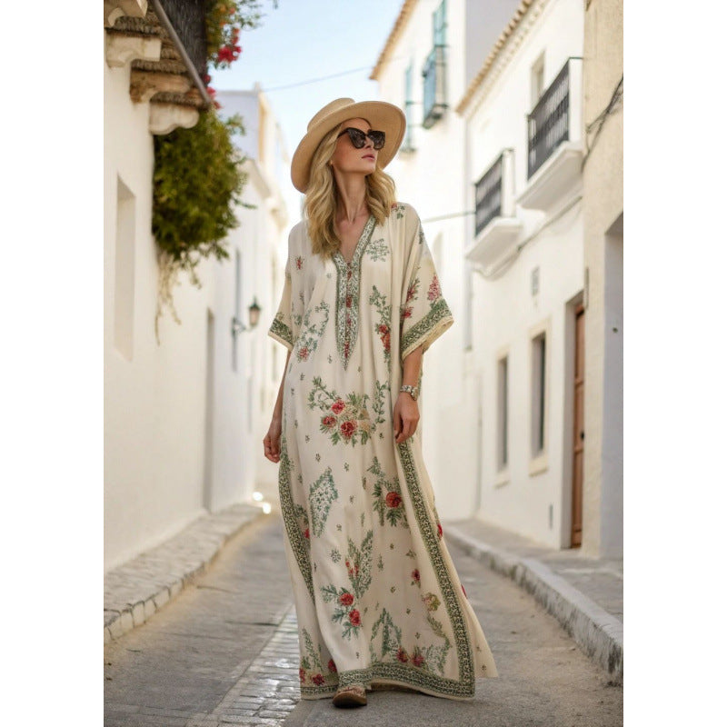 Women's Boho Floral Border-Print V-Neck Maxi Kaftan Cover-Up
