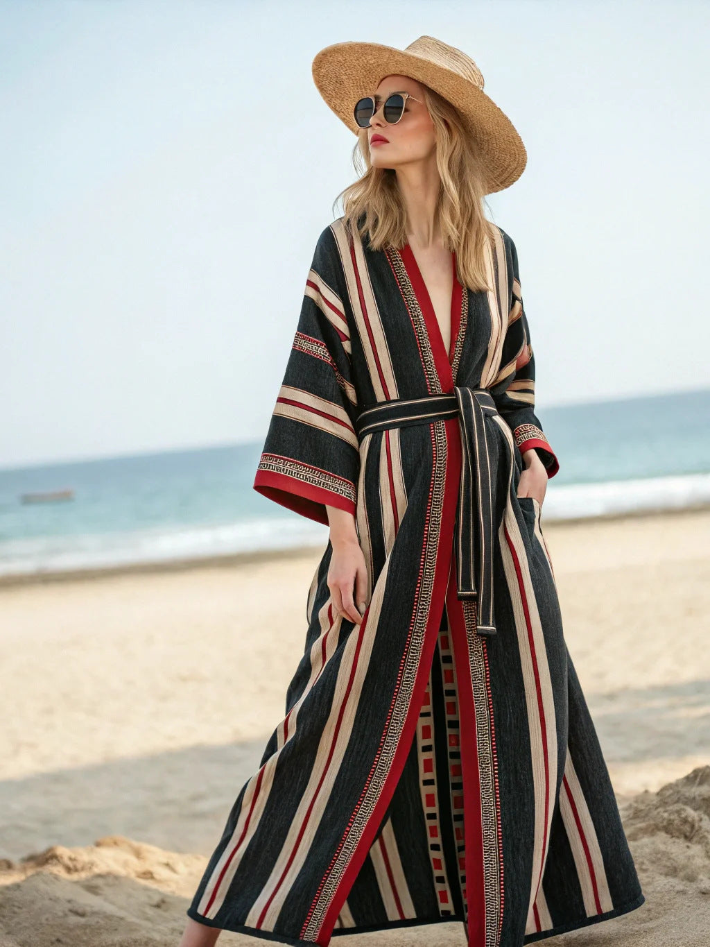 Boho Striped Belted Maxi Kaftan Beach Cover-Up