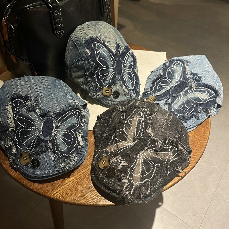 Y2K Rhinestone Butterfly Distressed Denim Newsboy Cap Streetwear Beret