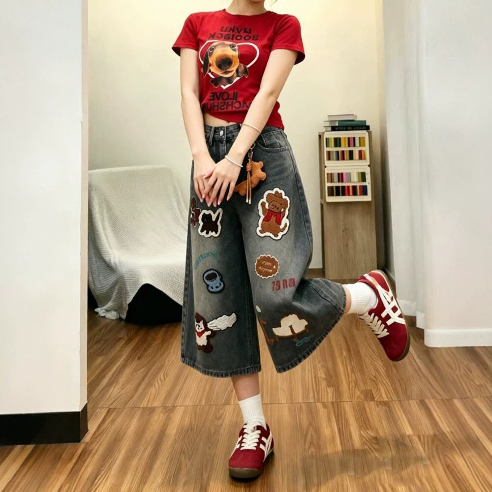 Cartoon Patch Embroidery Cropped Wide Leg Washed Denim Culottes