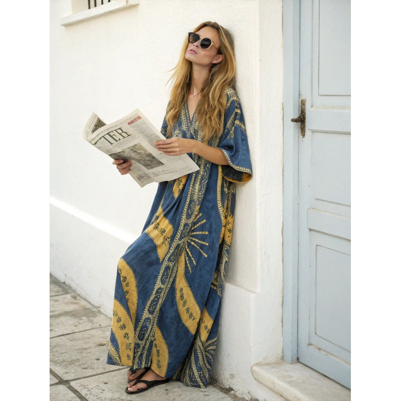 Women's Boho Floral Border-Print V-Neck Maxi Kaftan Cover-Up