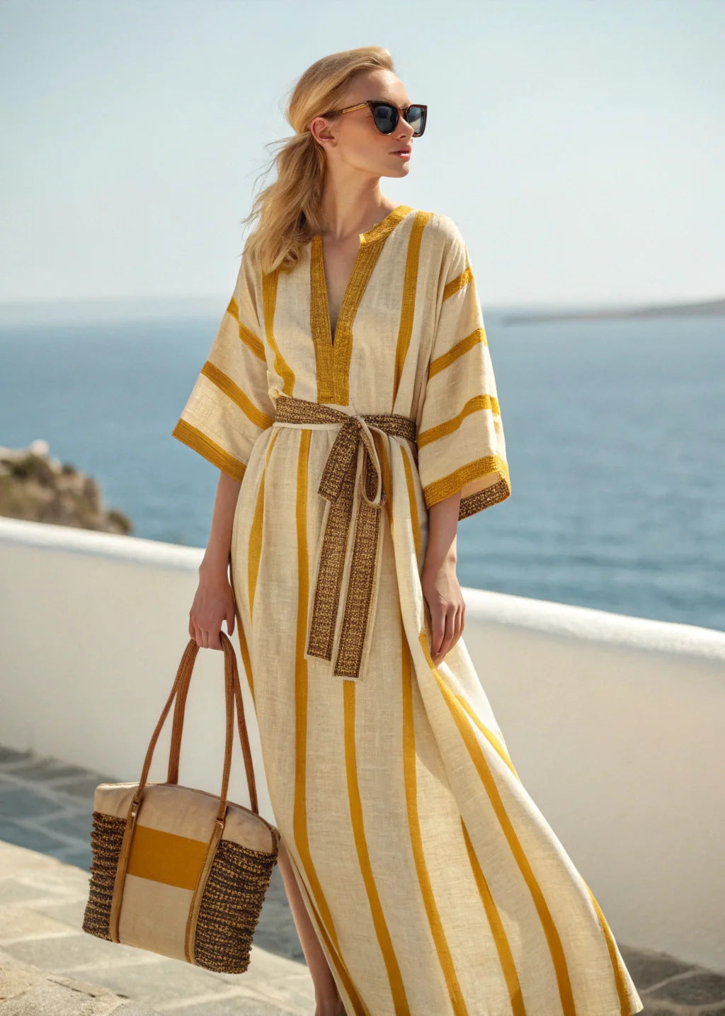 Boho Striped Belted Maxi Kaftan Beach Cover-Up