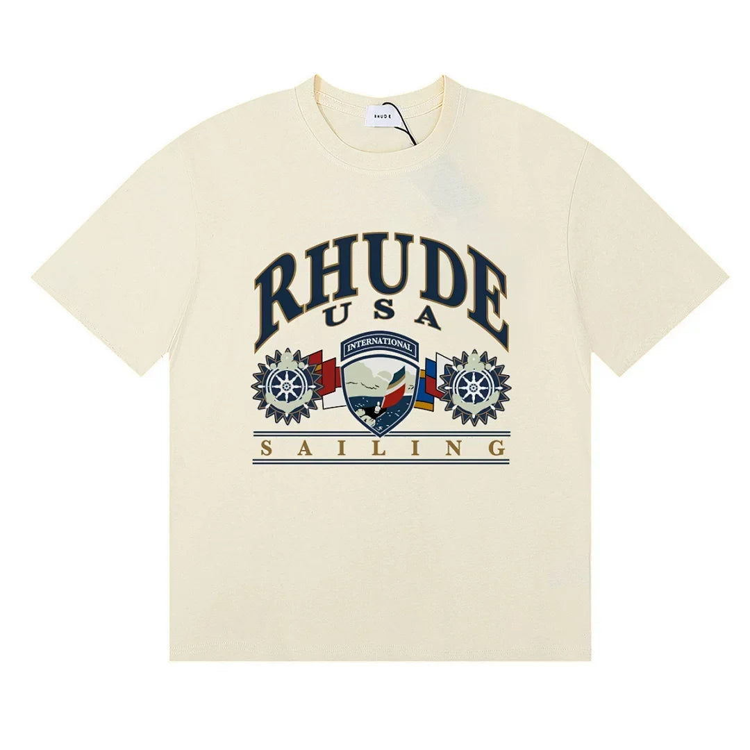Rhude Retro Sailing Shield Print Casual Crew Neck T‑Shirt
