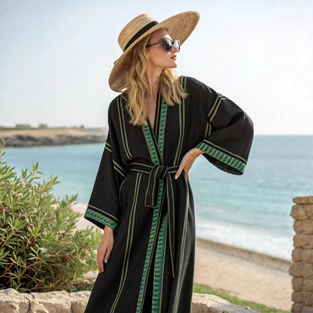 Boho Striped Belted Maxi Kaftan Beach Cover-Up