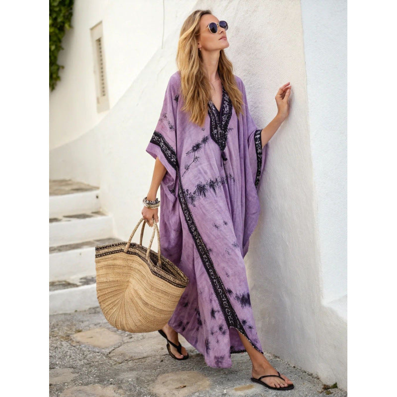 Women's Boho Floral Border-Print V-Neck Maxi Kaftan Cover-Up