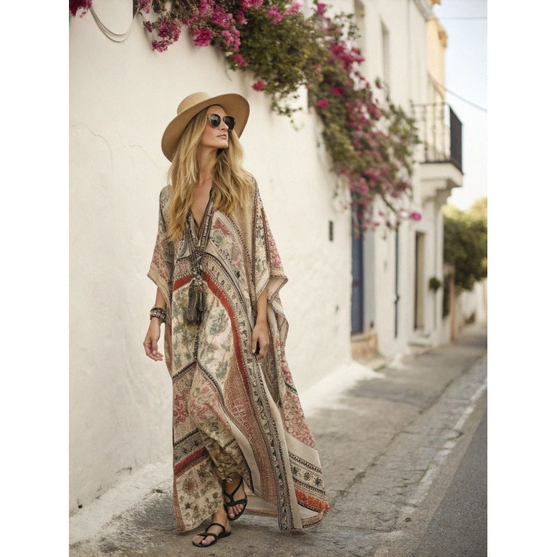 Women's Boho Floral Border-Print V-Neck Maxi Kaftan Cover-Up