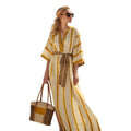 Boho Striped Belted Maxi Kaftan Beach Cover-Up