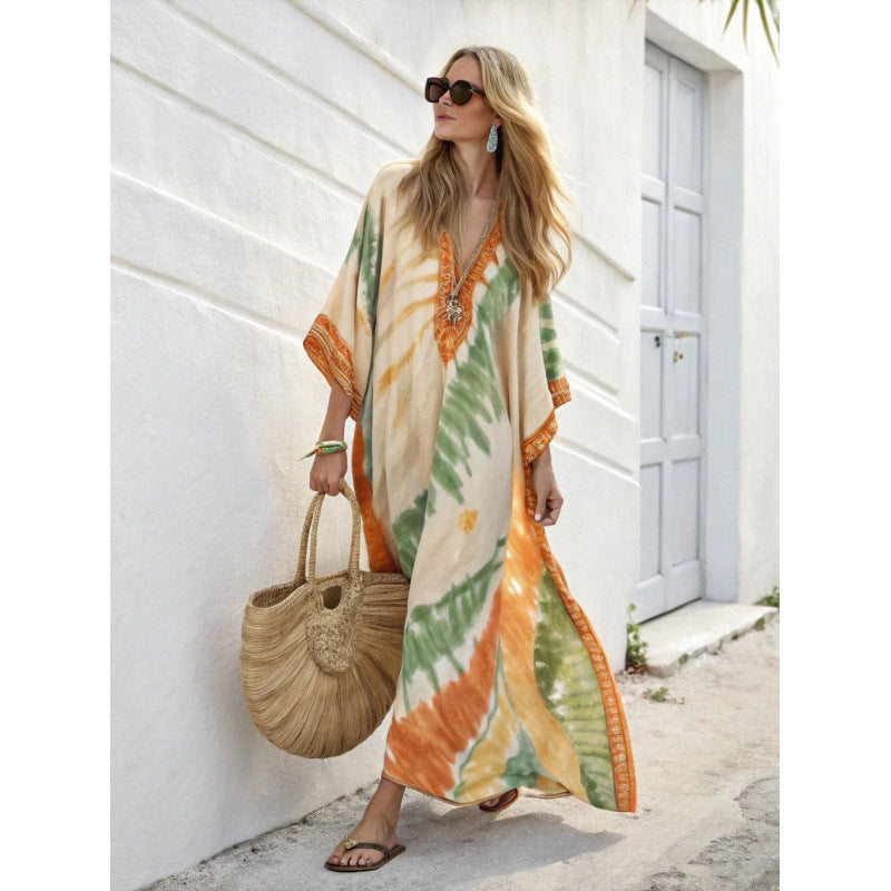 Women's Boho Floral Border-Print V-Neck Maxi Kaftan Cover-Up