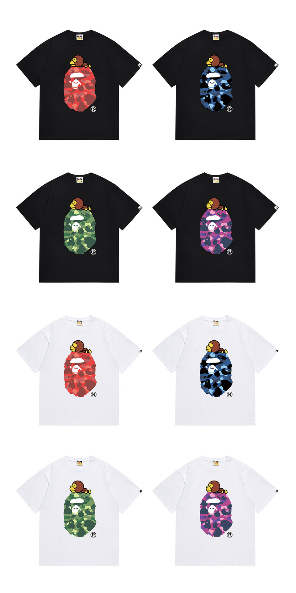 Bape Camo Ape Head Multi‑Color Crew Neck Streetwear Tee Unisex