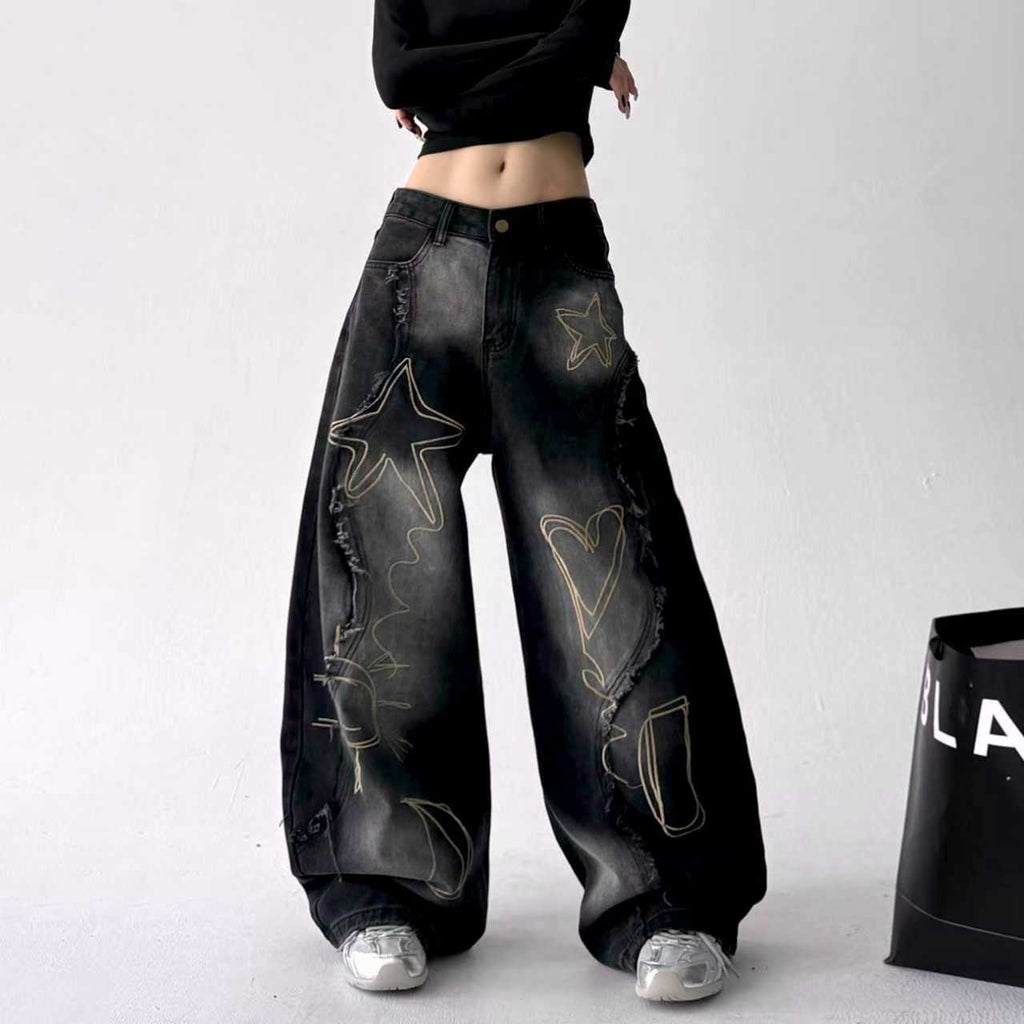 Y2k Vintage Washed Big Pocket Curved Baggy Wide Leg Jeans Streetwear