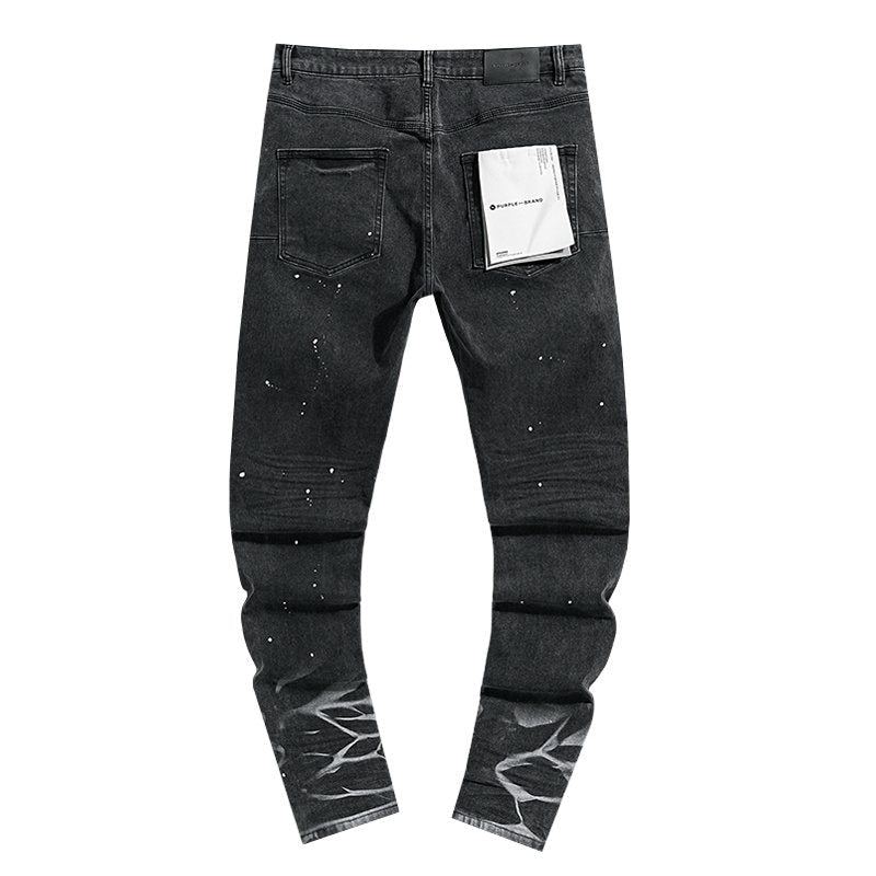 Purple Brand Paint Splatter Waxed-Look Black Jeans