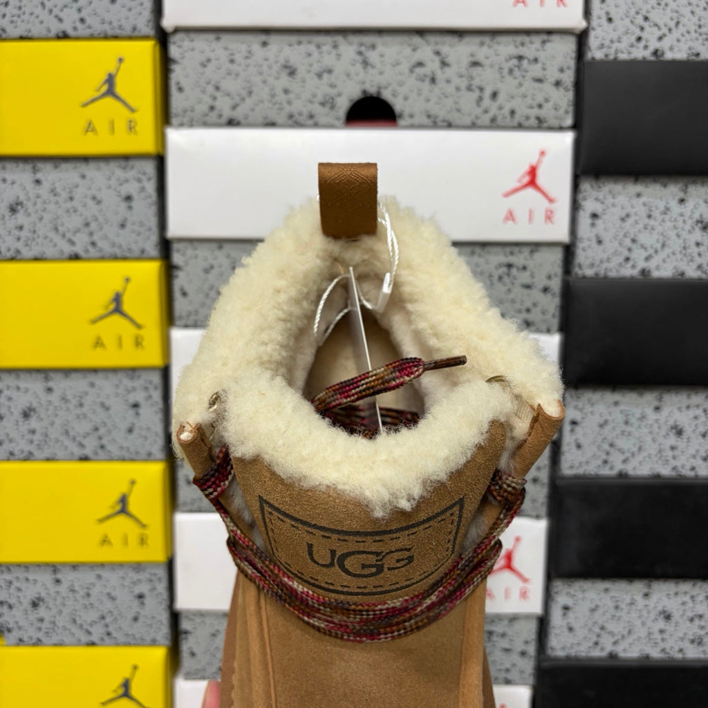 UGG Goldenstar Crafted Lace Women's Boot – Suede Moc-Toe Ankle Boot with Shearling Lining, Multi-Colour Woven Lace & Chunky Platform Sole in Chestnut