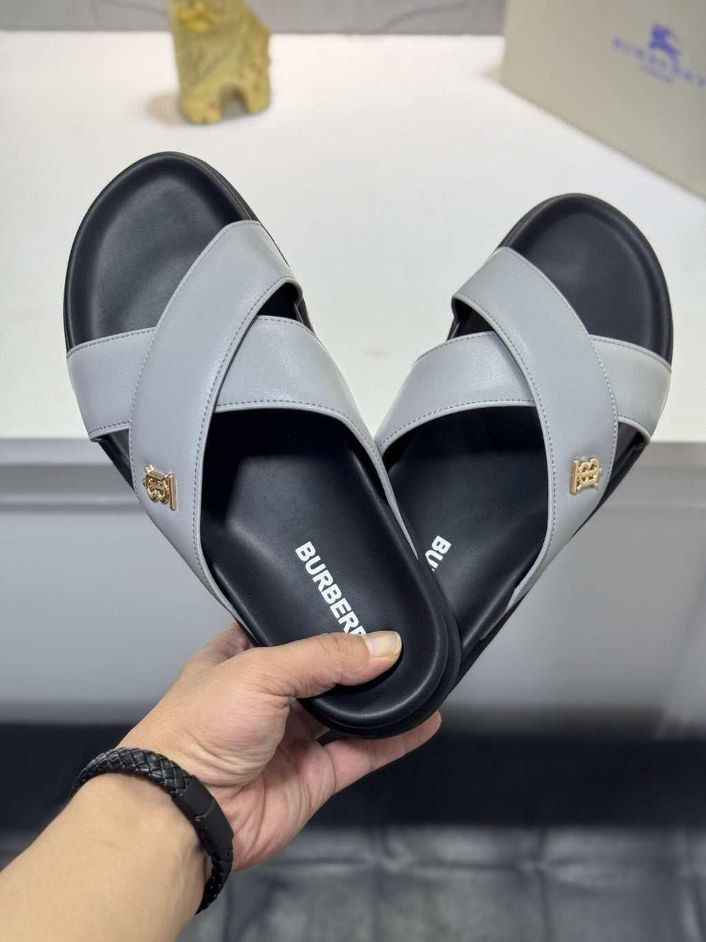 Burberry Light Gray Cross-Strap Slide Sandals