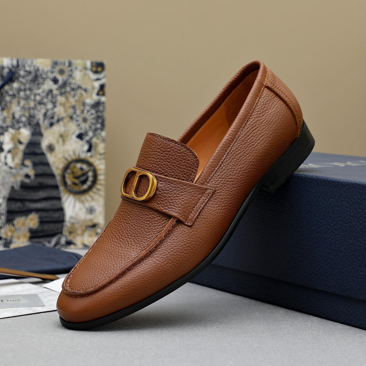 Dior Cognac Brown Pebbled Men's Loafers
