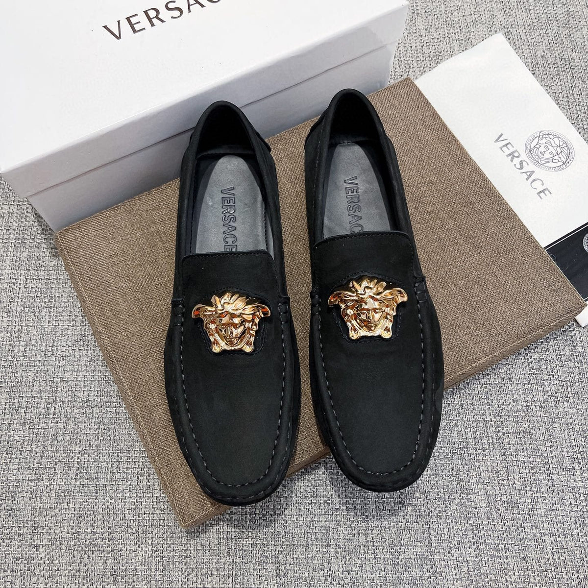 Versace Men's Black Gold-Tone Hardware Loafers - Contrast Stitching