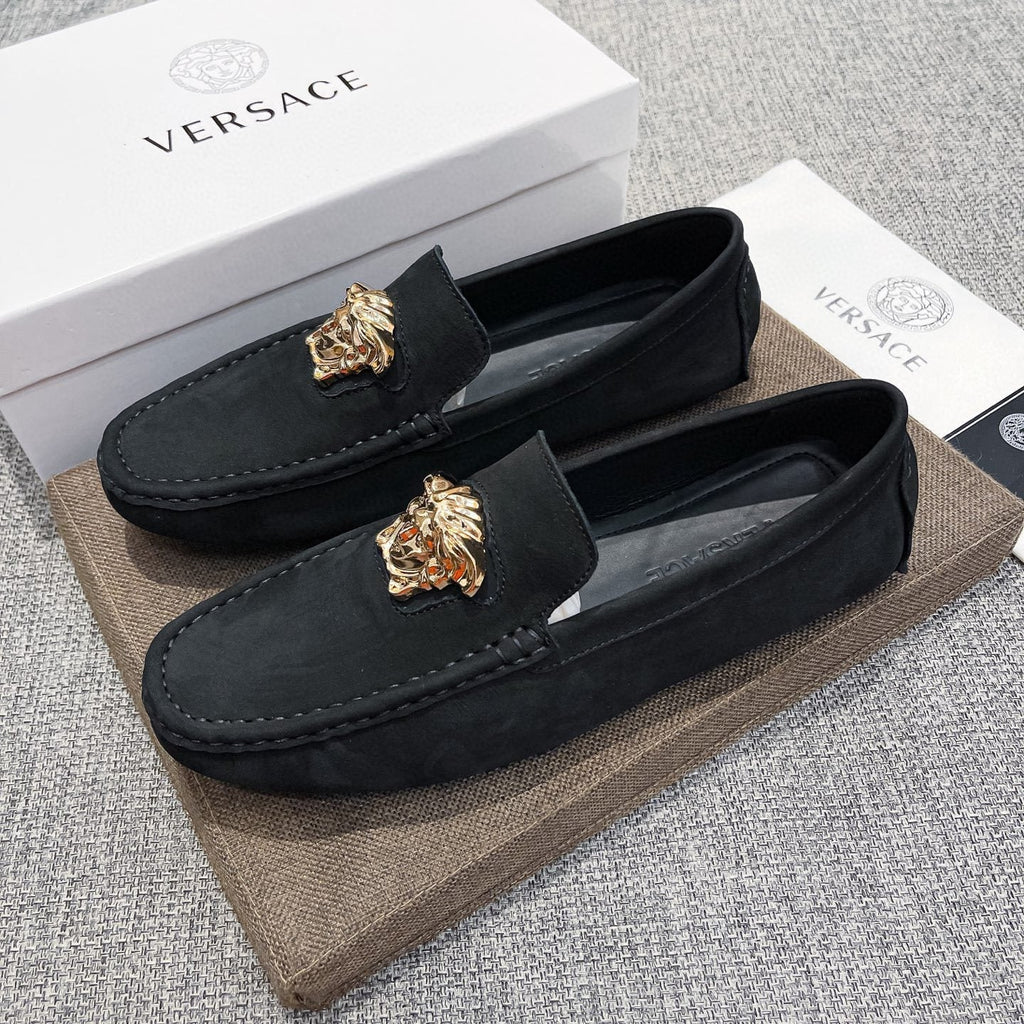 Versace Men's Black Gold-Tone Hardware Loafers - Contrast Stitching