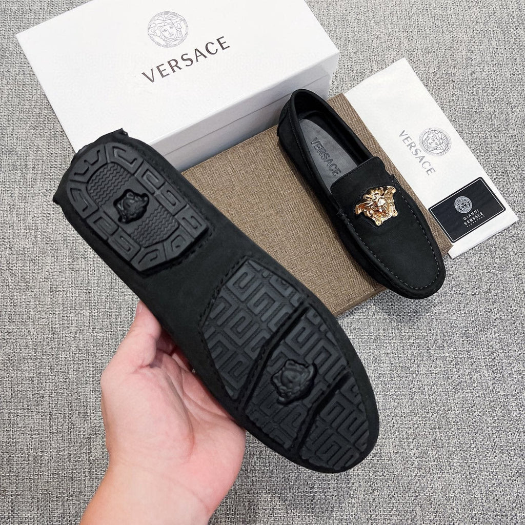 Versace Men's Black Gold-Tone Hardware Loafers - Contrast Stitching