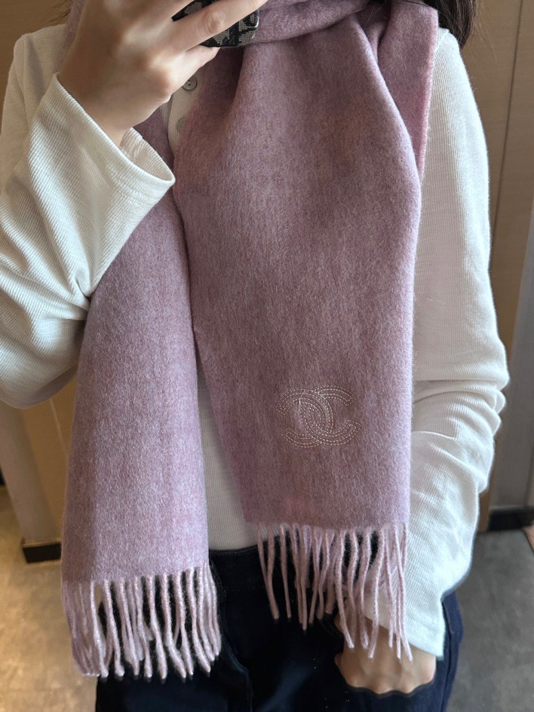 Chanel Fringed Logo Scarf