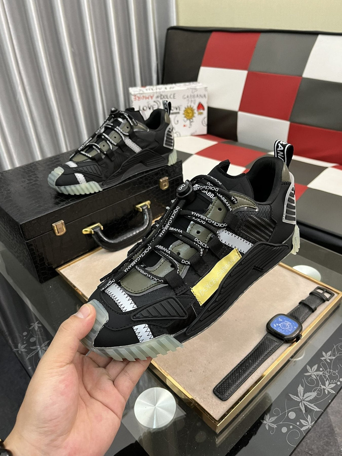 Dolce & Gabbana Black and Gray Sneakers with Yellow Accent