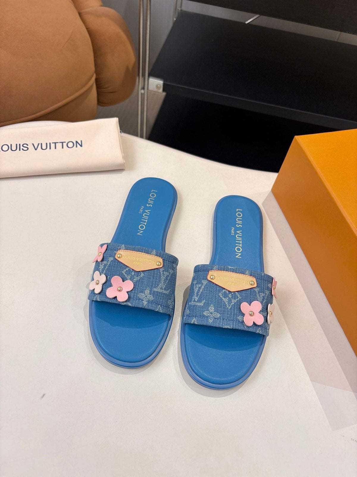 Louis Vuitton Blue Floral Slide Sandals