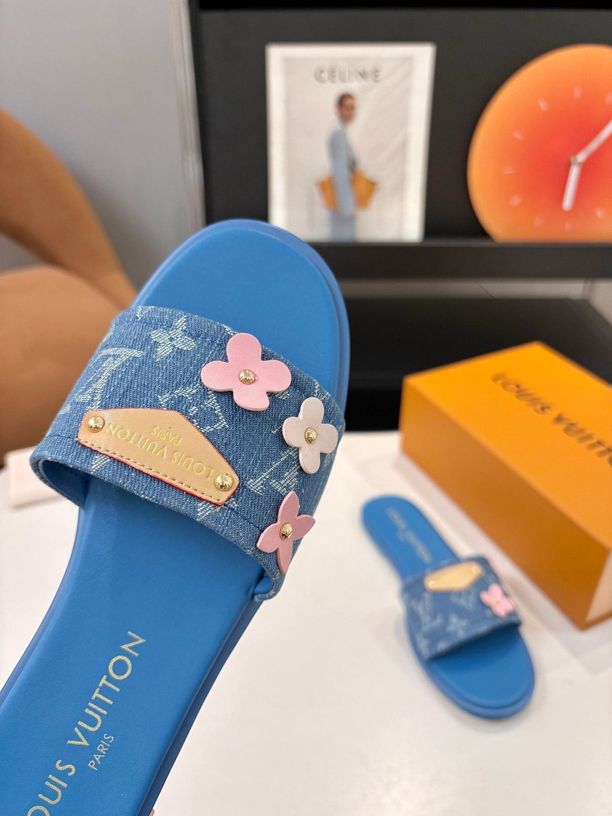 Louis Vuitton Blue Floral Slide Sandals