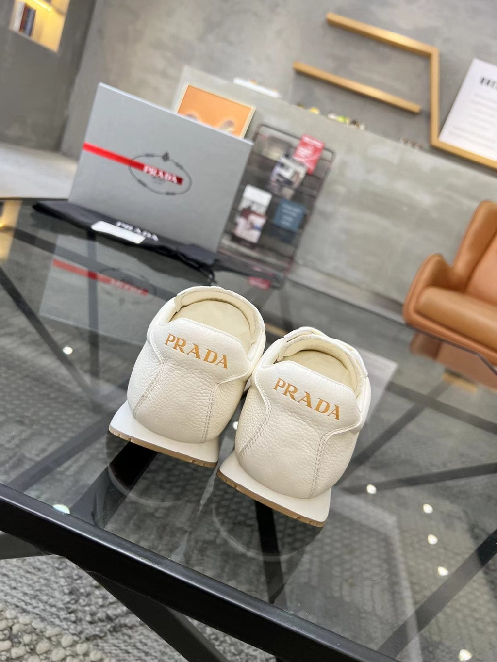 Prada White Beige Low-Top Sneakers