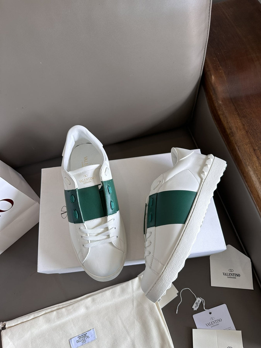 Valentino White and Green Studded Low-Top Sneakers