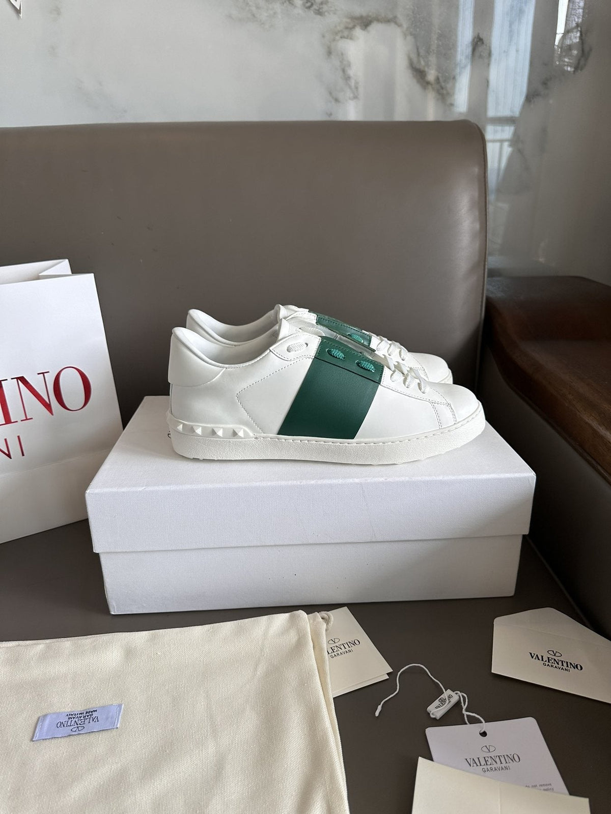 Valentino White and Green Studded Low-Top Sneakers