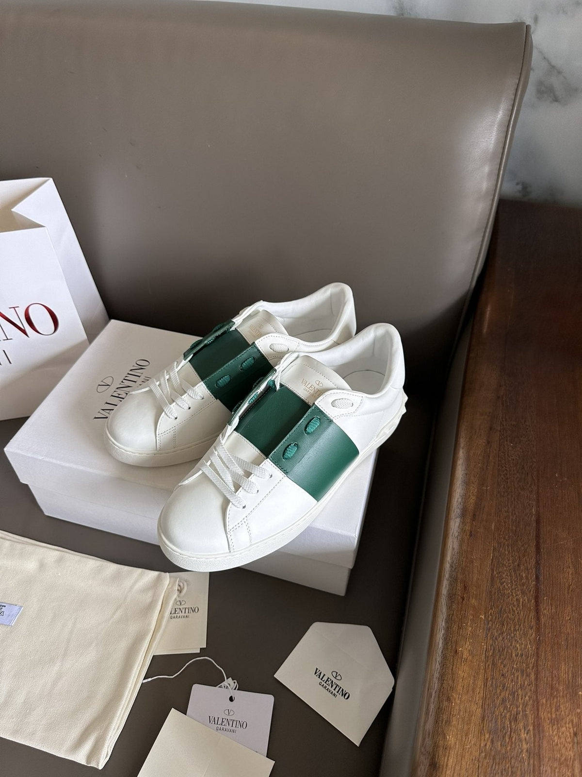 Valentino White and Green Studded Low-Top Sneakers