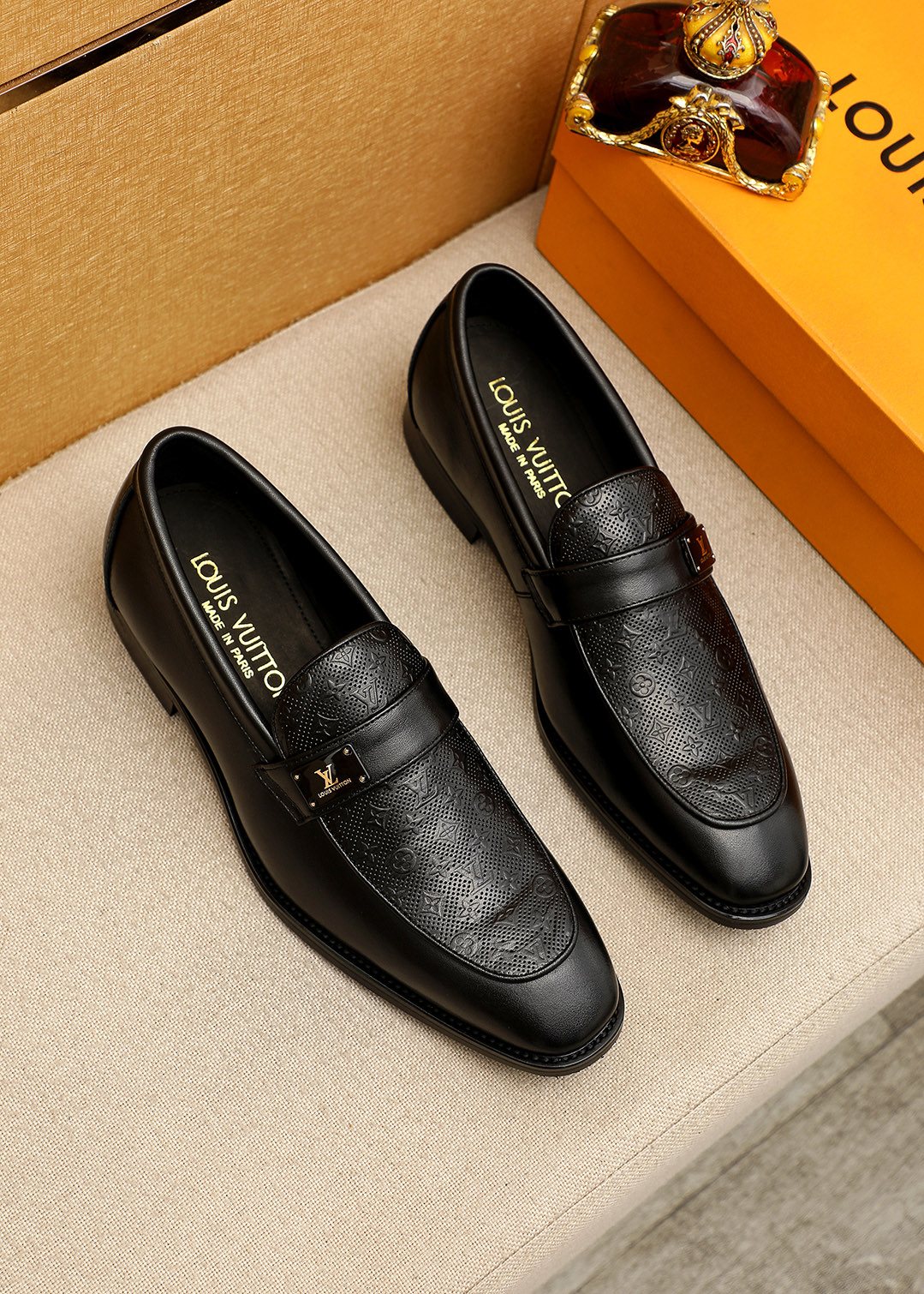 Louis Vuitton Men's Black Embossed Loafers - Rounded Toe