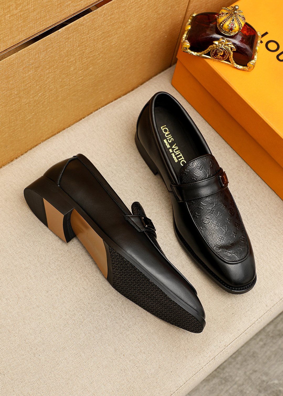 Louis Vuitton Men's Black Embossed Loafers - Rounded Toe