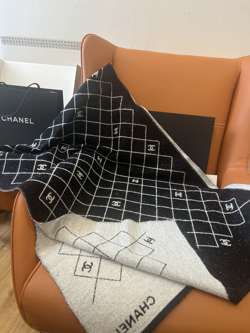 Chanel Black and Ivory Grid Shawl Scarf