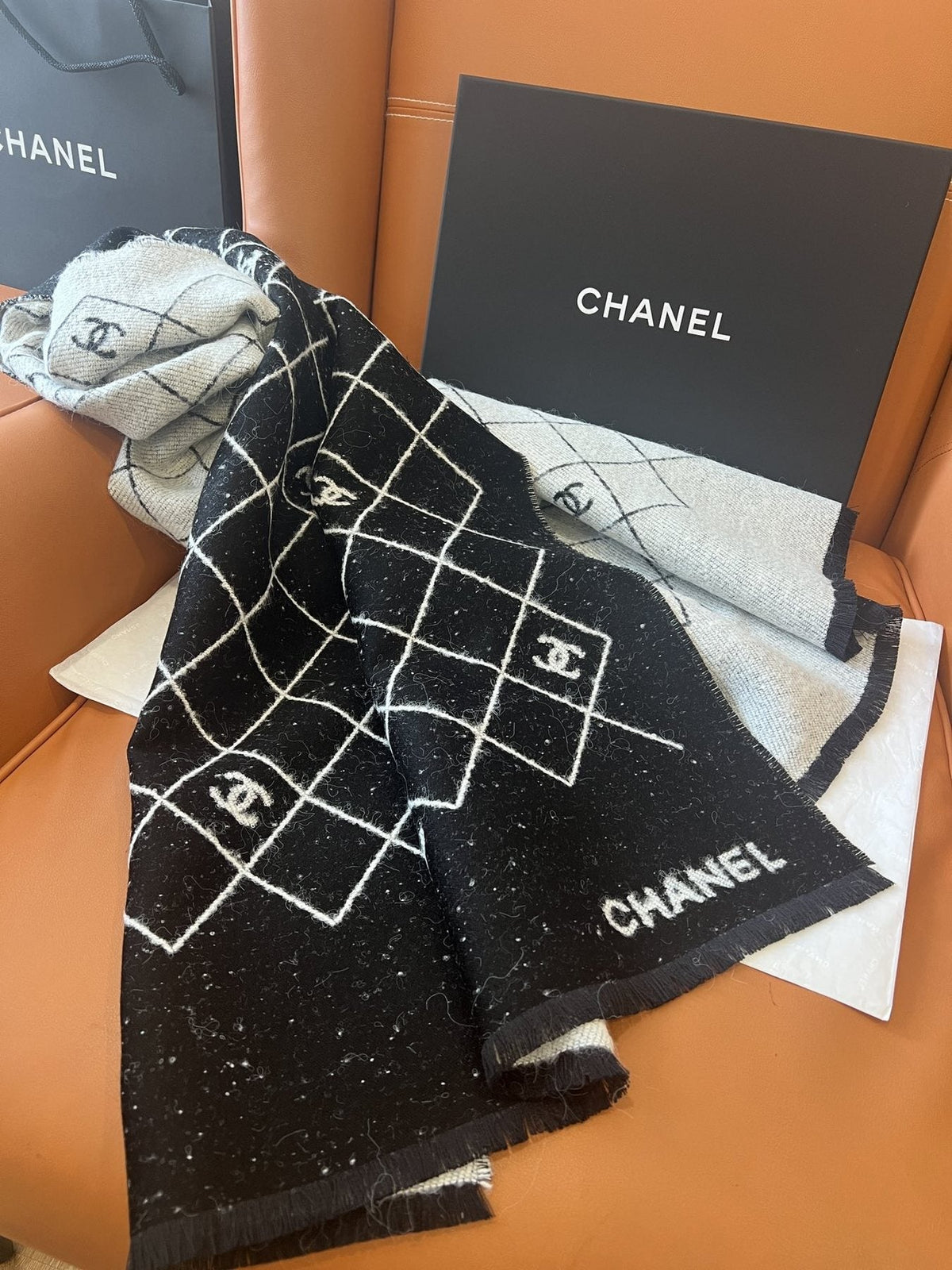 Chanel Black & Ivory Grid Shawl