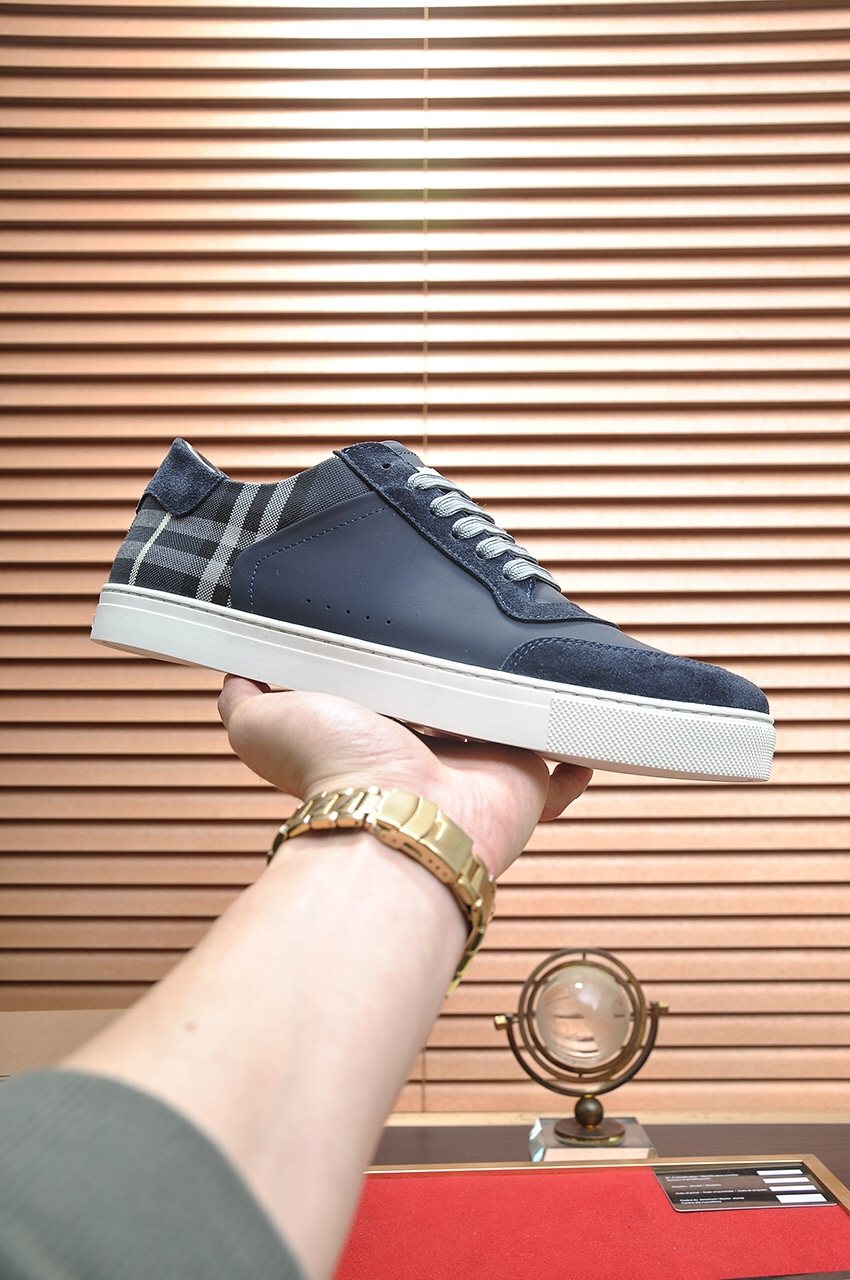 Burberry Navy Check Low-Top Sneakers - White Rubber Sole