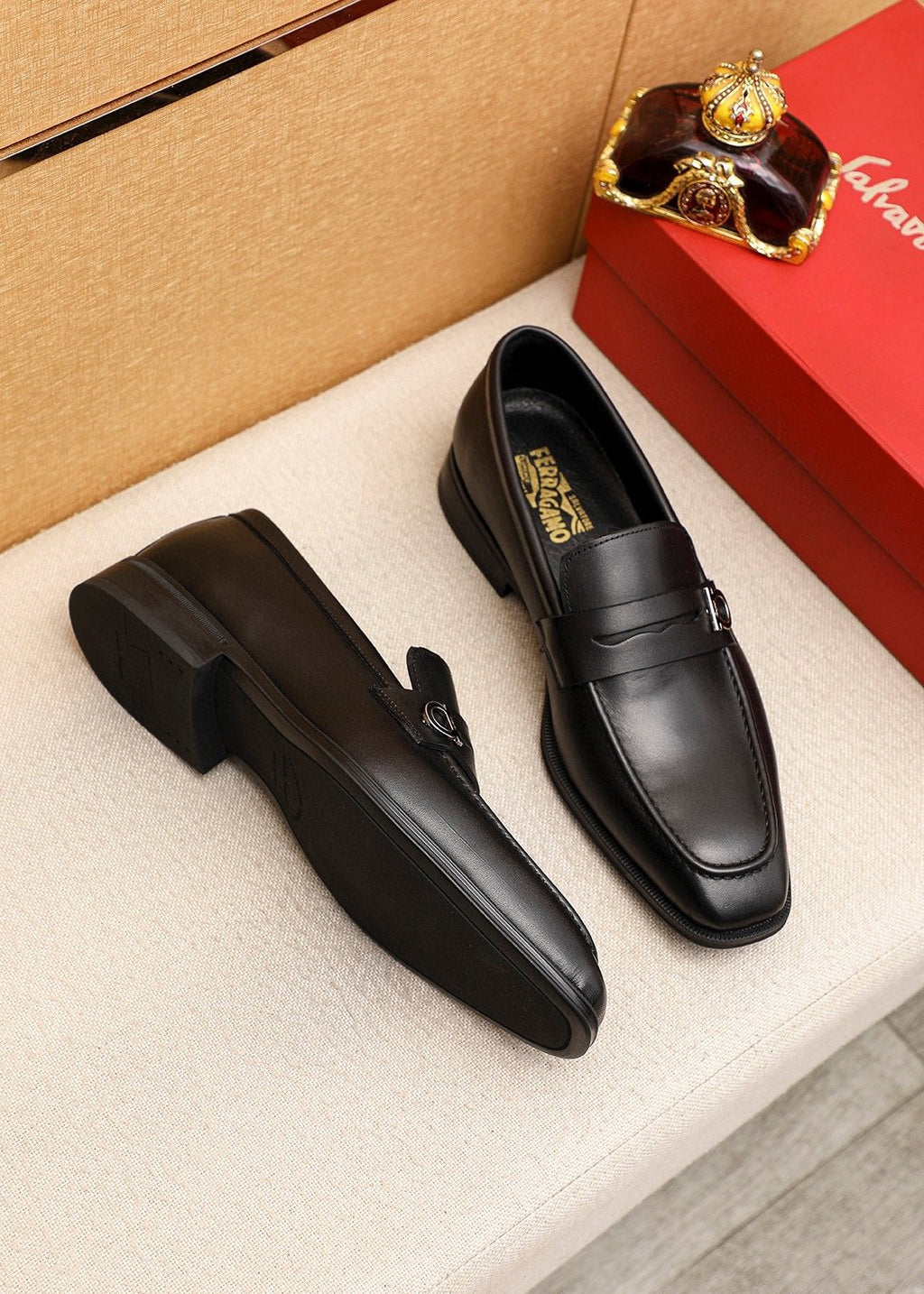 Ferragamo Black Buckle Loafers - Metal Vamp Buckle