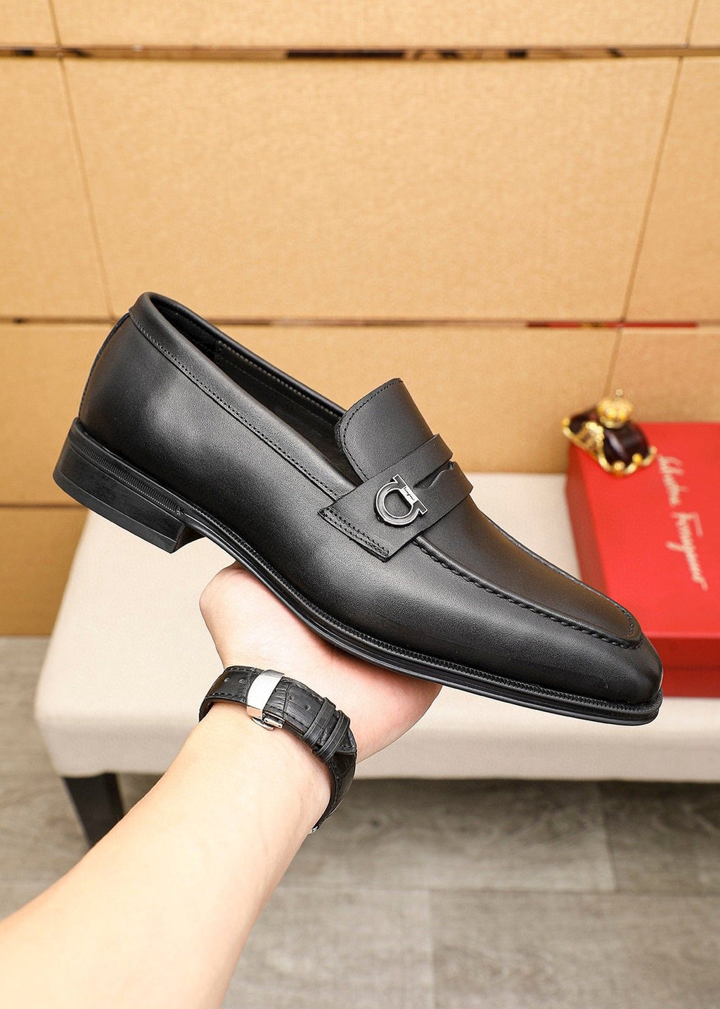 Ferragamo Black Buckle Loafers - Metal Vamp Buckle