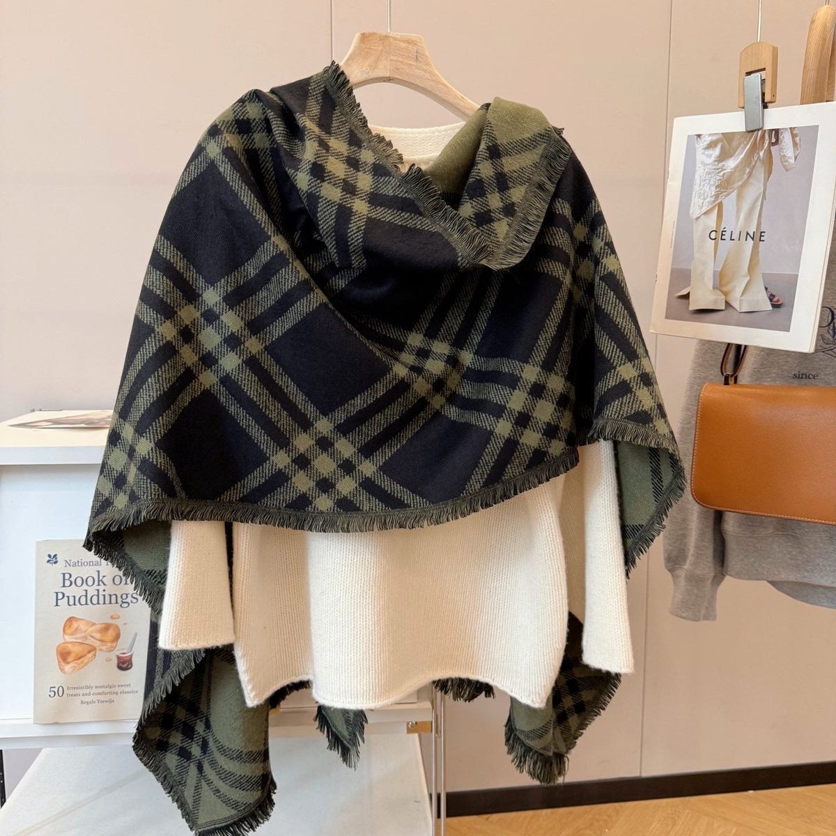 Burberry Black and Olive Green Plaid Scarf