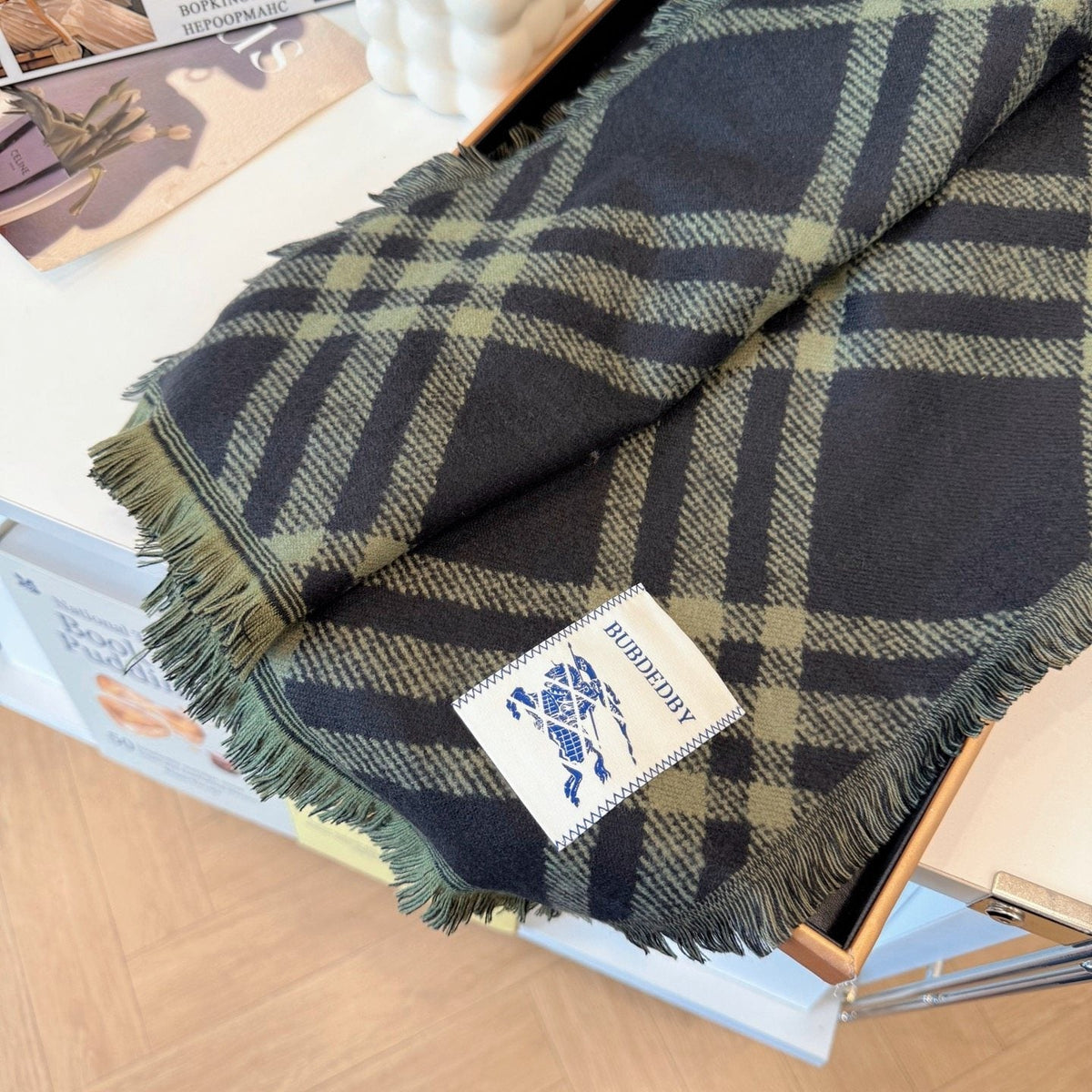 Burberry Black and Olive Green Plaid Scarf