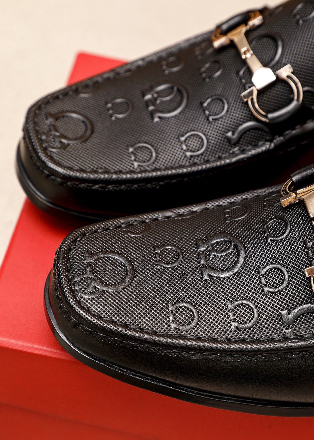 Ferragamo Black Embossed Buckle Loafers - Rubber Outsole