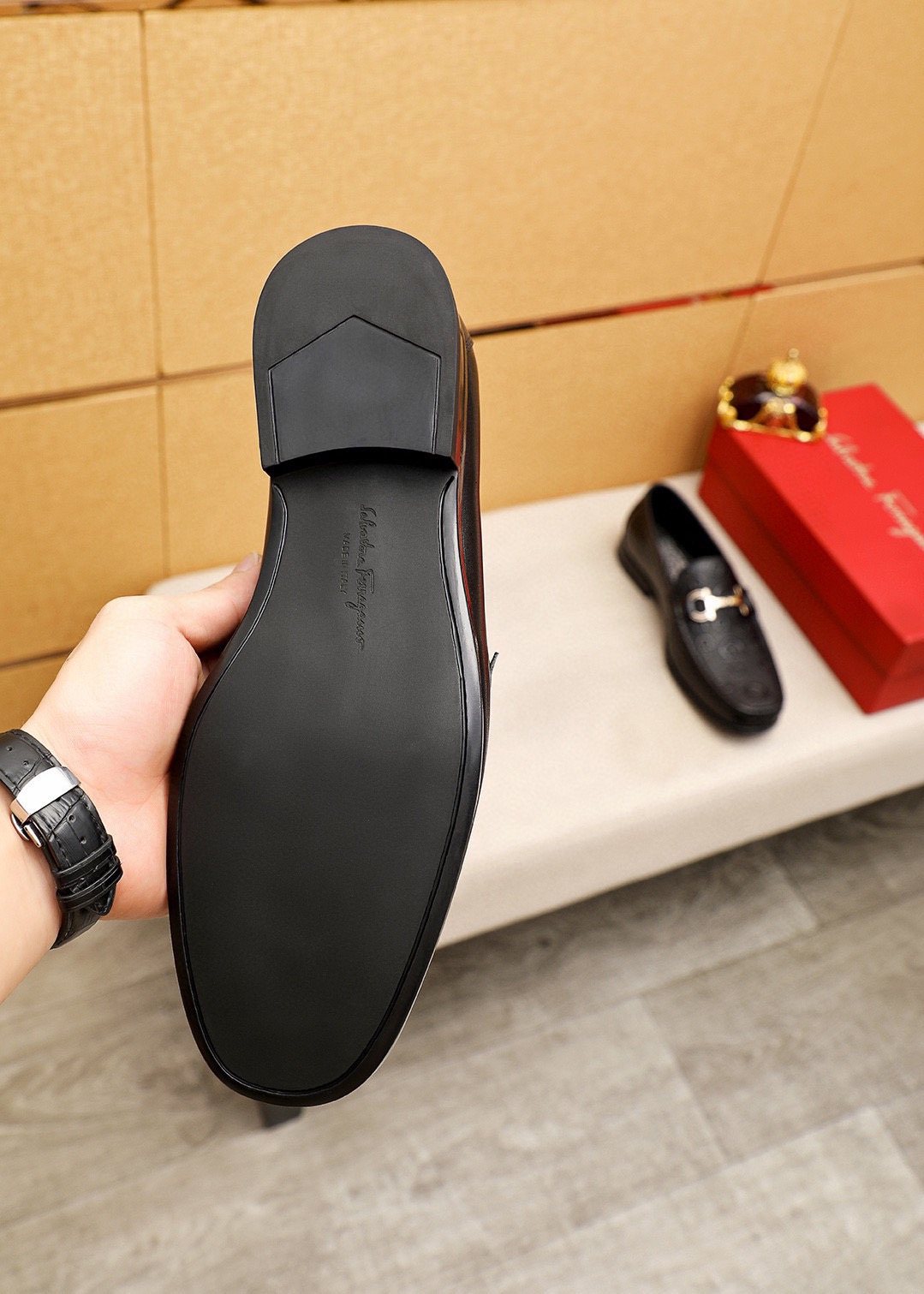 Ferragamo Black Embossed Buckle Loafers - Rubber Outsole