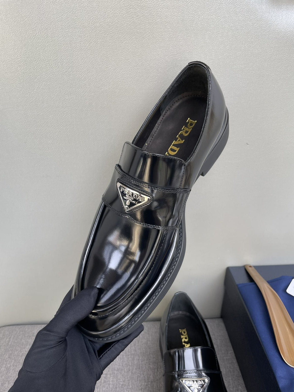 Prada Men's Black Glossy Plaque Loafers